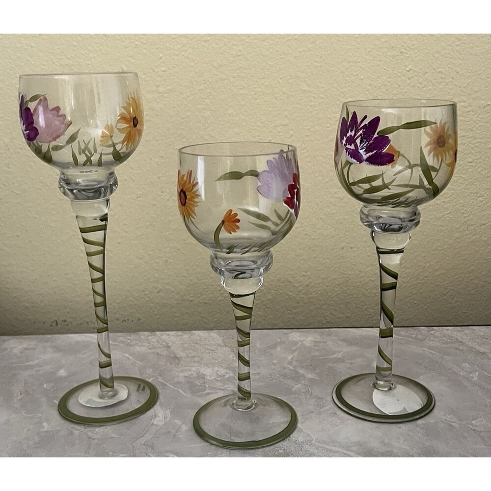 Terra Hand-Painted Mini Floral Hurricanes or Wine Glasses Set Of 3 Candle Holder - Picture 3 of 10